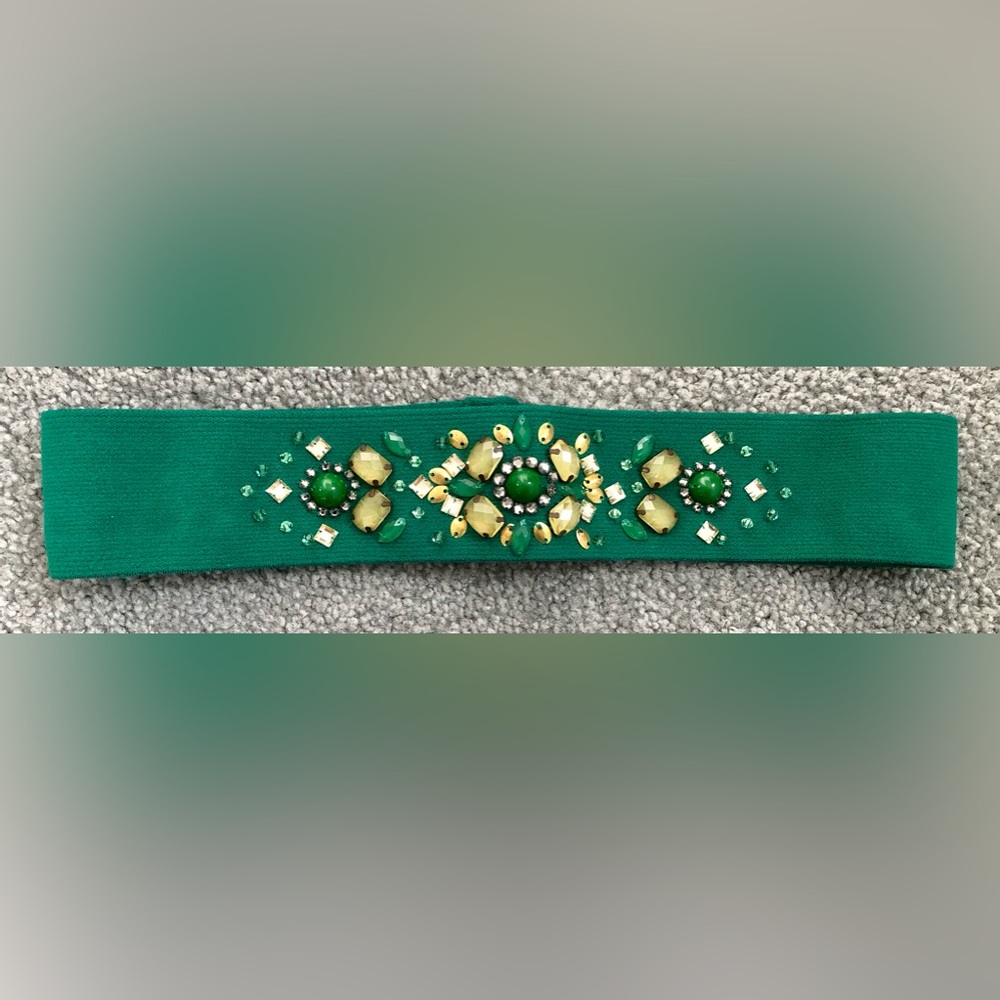 New green jewels beaded beads statement stretch elastic wide band belt XS S 25”